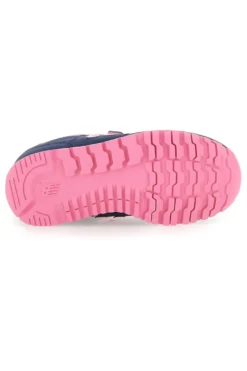 Blaue Sneakers New Balance 500 mit rosa Details und Klettverschluss