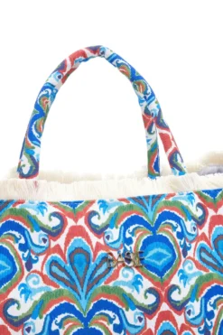 Blaue Strandtasche mit buntem Aufdruck und Fransen Basile BA23601