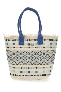 Borsa in tessuto bianco con manici blu e motivo etnico Basile BA24601
