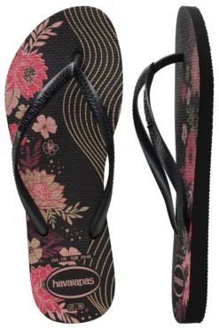 Havaianas Slim Organic Schwarze Flip-Flops mit Blumen