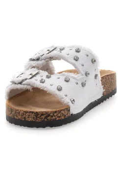 Me & Me 12502 Damen-Sandalen aus weißem Denim mit doppeltem Fransenband und Nieten