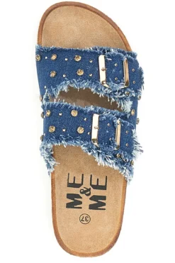 Me & Me 12502 Jeans-Hausschuhe mit doppelt ausgefranstem Band und Nieten