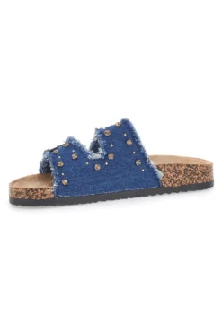 Me & Me 12502 Jeans-Hausschuhe mit doppelt ausgefranstem Band und Nieten