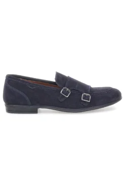 Mocassini da uomo blu scuro con doppia fibbia in pelle calzata ampia Ptr 4077