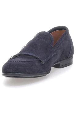 Mocassini da uomo blu scuro con doppia fibbia in pelle calzata ampia Ptr 4077