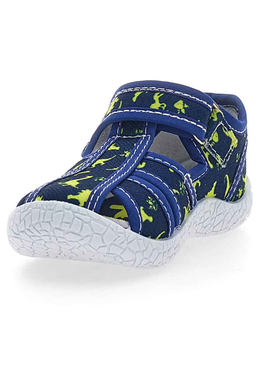PITT KIDS PK2492D Blaue Sandalen für die ersten Schritte mit gelben Dinosauriern, geschlossene Zehenpartie
