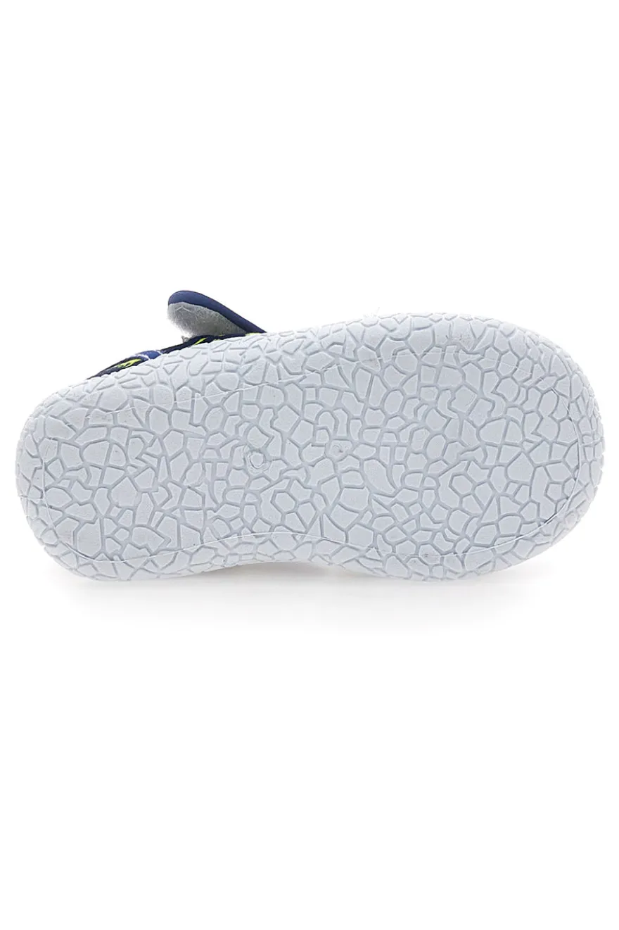 PITT KIDS PK2492D Blaue Sandalen für die ersten Schritte mit gelben Dinosauriern, geschlossene Zehenpartie