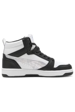 Puma Rebound V6 Mid Space Belle Jr – Schwarze und weiße High-Top-Sneaker mit schillernden Details