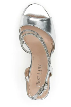 Sandali Argento Con Tacco 9,5 Cm e Strass Da Donna First Lady 455