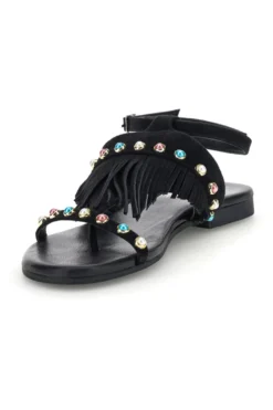 Sandali neri in vera pelle infradito con frange e borchie Pittarello look IF6856