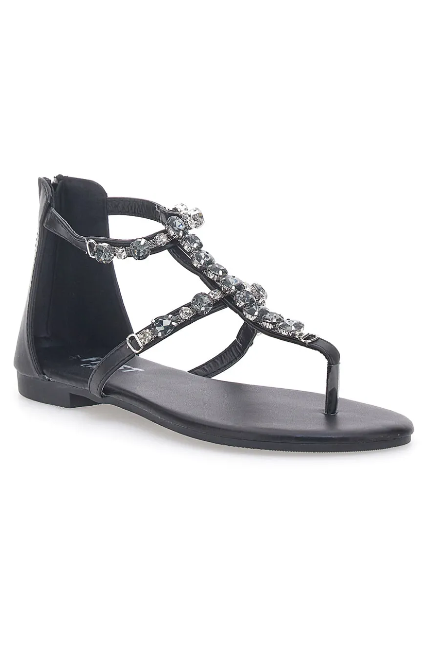 Schwarze Flip-Flop-Sandalen mit Schmucksteinen und Reißverschluss hinten THE FIRST CHIC PREA482