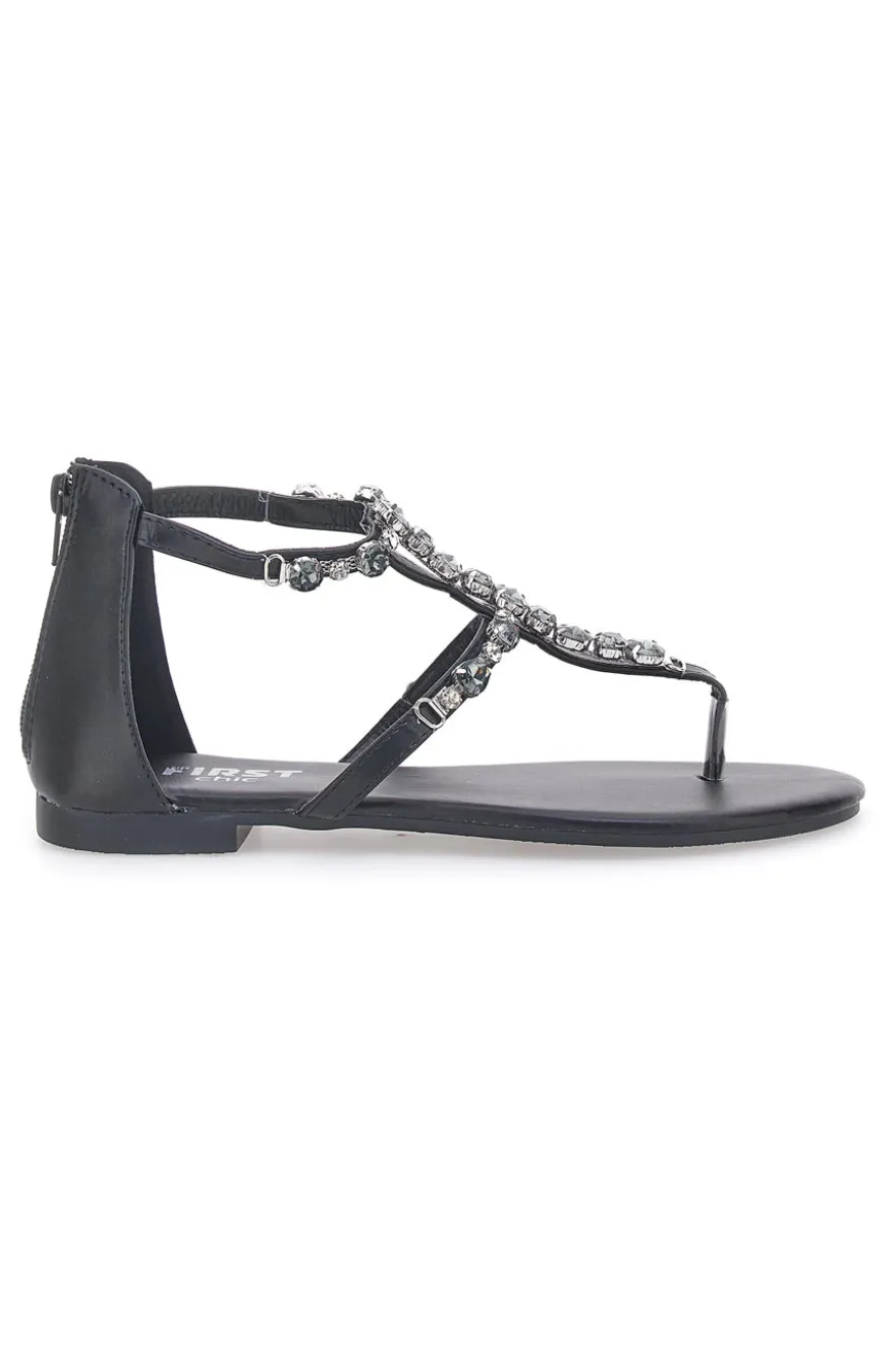 Schwarze Flip-Flop-Sandalen mit Schmucksteinen und Reißverschluss hinten THE FIRST CHIC PREA482