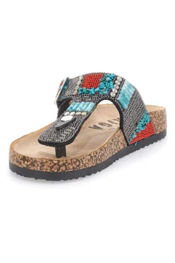 Schwarze Flip-Flops mit blauen und roten Steinen FIRST ROW 14179