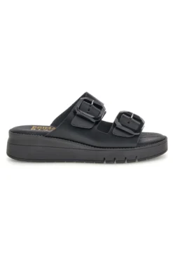 Schwarzer Slipper mit doppeltem Riemen und Schnallen Prima riga V113