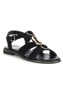 Schwarze Sandalen aus echtem Leder mit ovalen Metall-Accessoires im Pittarello-Look IF10328