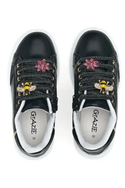 Schwarze Sneakers mit Blumenapplikationen an den Schnürsenkeln Grazie Girl 153917