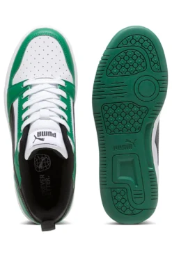 Sneakers basse bianche verdi e nere stile basket Puma Rebound V6 Lo Jr