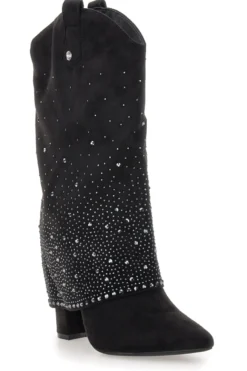 Stivali texani neri con tacco alto e strass The First P606