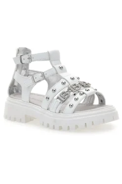 Weiße Sandalen mit Nieten und Metalllogo Laura Biagiotti 96219451