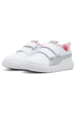 Weiße Sneaker mit blauen und rosa Details, Doppelriemen, Puma Courtflex V3 Space Belle V PS