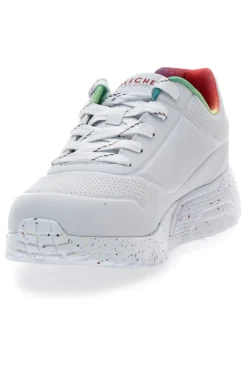 Weiße Sneakers mit Regenbogen-Sprenkelsohle Skechers Uno Lite Rainbow Speckle