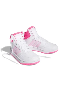 Weiße und rosa Sneaker mit Adidas Hoops 3.0 Mid K-Schnürsenkeln